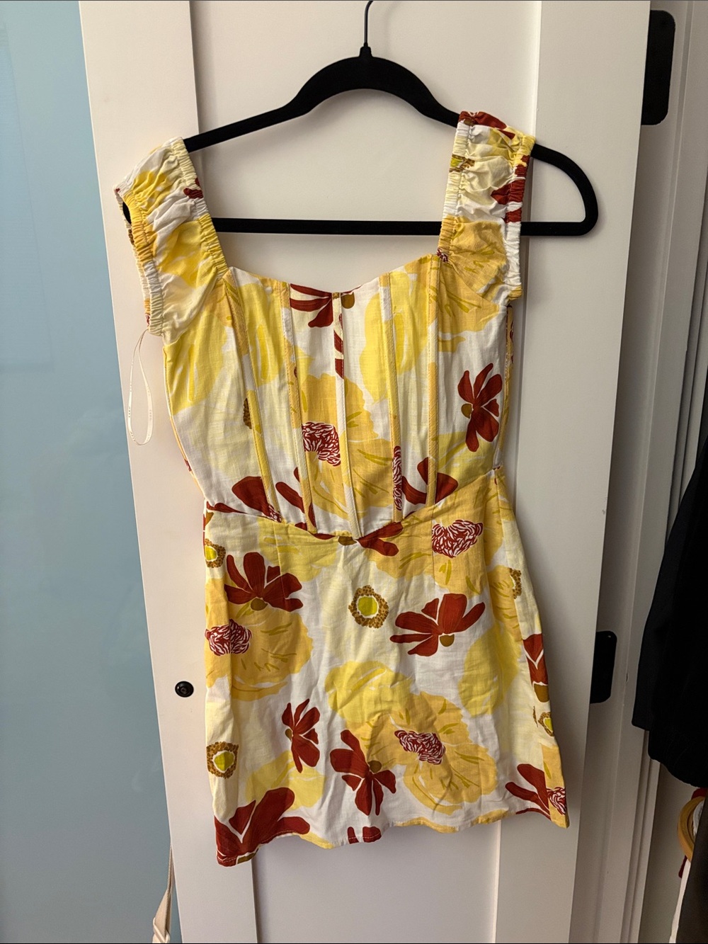 Yellow Floral Corset Mini Dress with Rust Accents